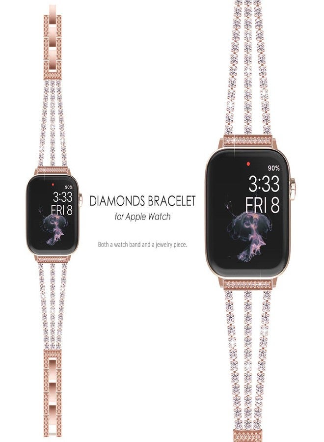 سوار NewWays متوافق مع ساعة Apple Watch مقاس 42 مم (سلسلة 11، 10، 9، 8، 7) و41 مم و40 مم (سلسلة SE) و38 مم (سلسلة 6، 5، 4، 3)، سوار مرصع بألماس لامع براق لساعة iWatch النسائية، لون ذهبي وردي - Image 2